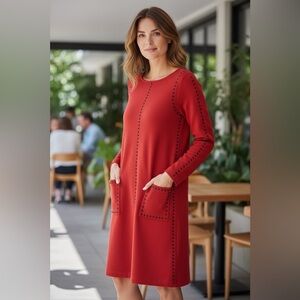 Joan Vass USA Red Knit Shift Dress Size 1 (8/10) Long Sleeve Pockets Stud Detail
